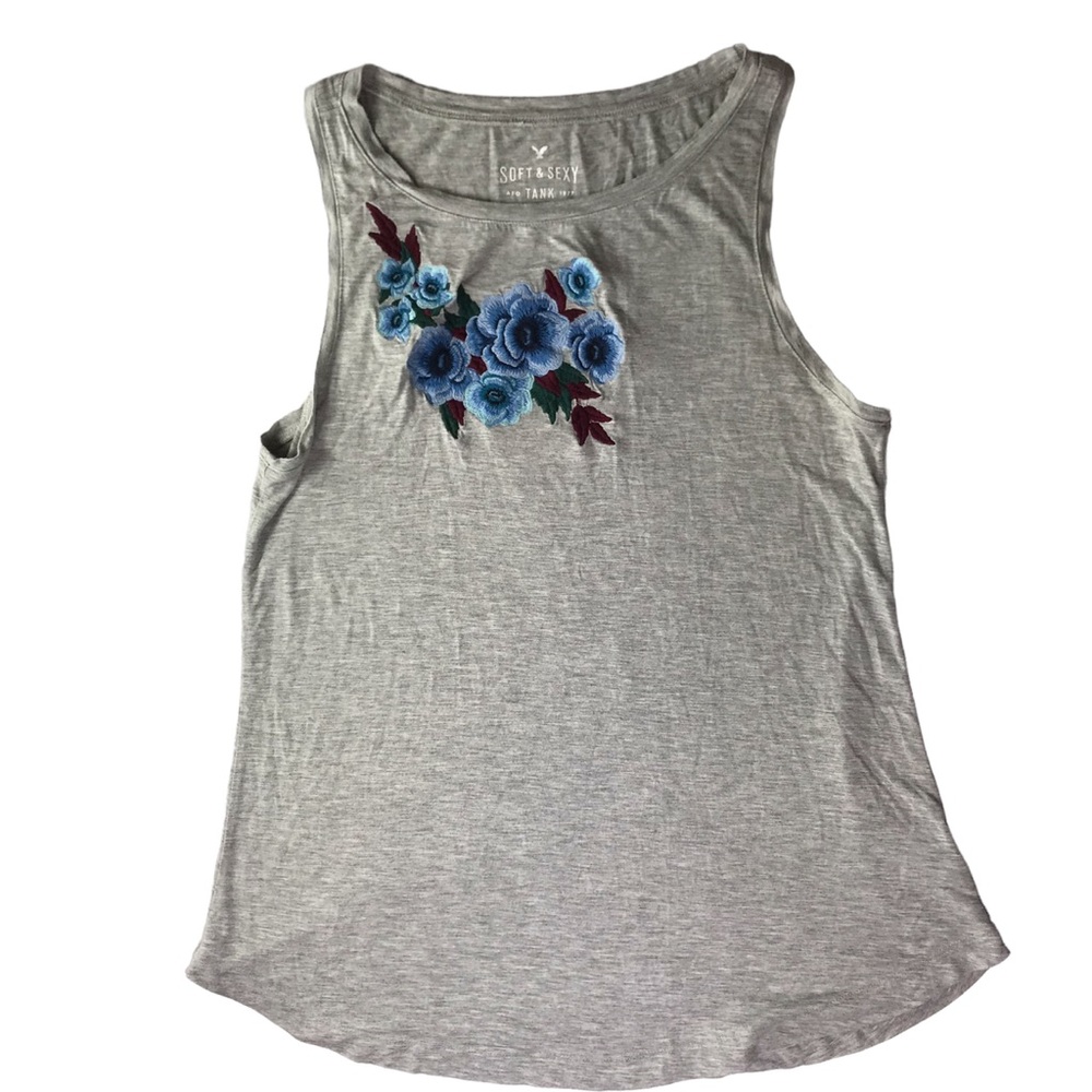 American Eagle Outfitters Gray Sleeveless Tank Top with Blue Floral Design
